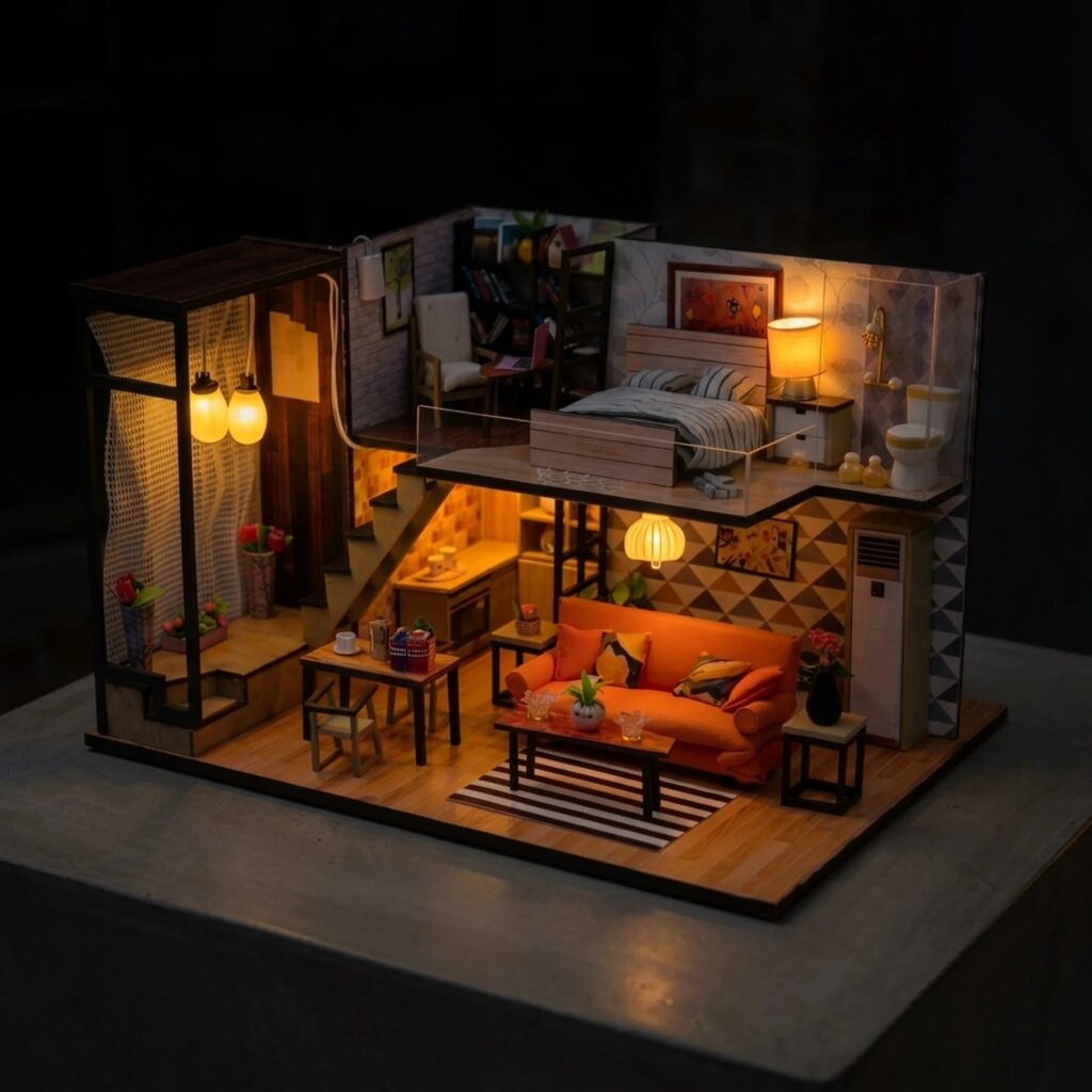 Modern Loft — LED aydınlatmalı minyatür maket, gece görünümü