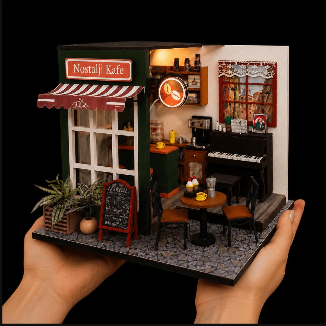 Nostalji Kafe minyatür maketi — tezgâh ve oturma alanı